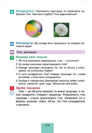 воП о м ір к у й т е ! Розгляньте ілюстрації та порівняйте зо­
бражені тіла. Чим вони подібні? Чим відрізняються?
Обговоріть! До складу яких природних тіл входить ре­
човина вода?
Тіло, речовина.
Перевір свої знання
1. Які тіла називають природними, а які — штучними?
2. За якими ознаками характеризують тіла?
3. Наведи приклади природних тіл, які ти бачиш у класі,
вдома, на шкільному подвір’ї.
4. З чого складаються тіла? Наведи приклади тіл і назвй
речовини, з яких вони складаються.
5. Знайди в наведеному Дмитриком переліку зайве слово:
залізо, алюміній, цвях, мідь. Обґрунтуй свій вибір.
Зроби підсумки
Тіла — це об’єкти неживої та живої природи, а та­
кож предмети, створені людиною. Розрізняють тіла
природи і штучні (рукотворні) тіла. Ознаками тіл є
форма, розміри, маса, об’єм. Усі тіла складаються
з речовин.
210
 