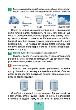 Розглянь схему і пригадай, які умови необхідні для переходу
води з рідкого стану в газоподібний або твердий і навпаки.
_ охолодженні _
Вода Водяна пара
Кожна речовина має характерні ознаки — властивості:
колір, блиск, запах, прозорість та інші. Тобі відомо, що
вода — це безбарвна, прозора рідина без запаху і сма­
ку, яка є добрим розчинником. Кисень — прозорий без­
барвний газ, без запаху і смаку, малорозчинний у воді.
Кухонна сіль — це тверда речовина білого кольору, без
блиску і запаху, непрозора, солона на смак, добре роз­
чиняється у воді.
Д | Поміркуй! З чого складаються речовини?
З давніх-давен учених цікавило, з чого складаються
речовини. Вони висловлювали думку, що речовини утво­
рюються з невидимих для ока частинок.
Проведи дослід.
Візьми тіло, утворене однією речовиною, — кубик
цукру. Кинь його в склянку з водою і перемішай. Спосте­
рігай, як тверде тіло поступово зникає, стає невидимим.
Куди ж подівся цукор?
Спробуй утворений розчин на смак. Він солодкий, як
і сам цукор. Отже, цукор нікуди не зник, а залишився
в склянці з водою. Чому ж ми його не бачимо? Кубик
212
 