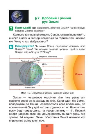 §7. Добовий і річний
рух Землі
ЕЗ Пригадай! Що називають орбітою Землі? На які півкулі
поділяє Землю екватор?
Кожного дня вранці сходить Сонце, опівдні воно стоїть
високо в небі, а ввечері ховається за горизонтом і настає
ніч. Чому ж так відбувається?
Поміркуйте! Чи може Сонце одночасно освітити всю
Землю? Чому? Чи можуть сонячні промені пройти крізь
Землю або обігнути її? Чому?
Земля — непрозоре космічне тіло, яке рухається
навколо своєї осі із заходу на схід. Коли один бік Землі,
повернутий до Сонця, освітлюється його промінням, то
протилежний бік у цей час знаходиться в тіні. На освітле­
ному боці триває день, на неосвітленому — ніч. Повний
оберт навколо своєї осі Земля робить за одну добу, яка
триває 24 години. Отже, обертання Землі навколо осі
спричиняє зміну дня і ночі.
22
 