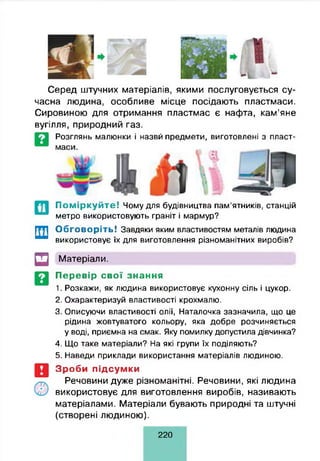 Серед штучних матеріалів, якими послуговується су­
часна людина, особливе місце посідають пластмаси.
Сировиною для отримання пластмас є нафта, кам’яне
вугілля, природний газ.
Розглянь малюнки і назвй предмети, виготовлені з пласт-
П о м ір к у й т е ! Чому для будівництва пам’ятників, станцій
метро використовують граніт і мармур?
Обговоріть! Завдяки яким властивостям металів людина
використовує їх для виготовлення різноманітних виробів?
□ Матеріали.
Перевір свої знання
1. Розкажи, як людина використовує кухонну сіль і цукор.
2. Охарактеризуй властивості крохмалю.
3. Описуючи властивості олії, Наталочка зазначила, що це
рідина жовтуватого кольору, яка добре розчиняється
у воді, приємна на смак. Яку помилку допустила дівчинка?
4. Що таке матеріали? На які групи їх поділяють?
5. Наведи приклади використання матеріалів людиною.
Зроби підсумки
Речовини дуже різноманітні. Речовини, які людина
використовує для виготовлення виробів, називають
матеріалами. Матеріали бувають природні та штучні
(створені людиною).
220
 