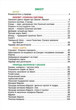 ЗМІСТ
ВСТУП
Взаємозв’язки у природі................................................................... 4
ВСЕСВІТ І СОНЯЧНА СИСТЕМА
Уявлення давніх людей про Землю іВсесвіт....................................8
Сонячна система, її склад................................................................11
Сонце — зоря, центральне тіло Сонячної системи........................14
Планети та інші космічні тіла........................................................... 17
Земля — планета Сонячної системи..............................................21
Добовий і річний рух Землі............................................................. 24
Теплові смуги Землі........................................................................ 27
Місяць — природний супутник Землі............................................. ЗО
Сузір’я ...............................................................................................33
Чумацький Шлях — наша Галактика. Сучасні уявлення
про Всесвіт...............................................................................36
Перевір с в о ї д о сягн е н н я..................................................................40
ПЛАН І КАРТА
Горизонт. Сторони горизонту.........................................................42
Орієнтування на місцевості за Сонцем і місцевими ознаками. . . 45
Компас...............................................................................................48
Зображення місцевості на плані.................................................... 51
Географічна карта.............................................................................54
Перевір с в о ї д о сягн е н н я..................................................................58
ПРИРОДА МАТЕРИКІВ І ОКЕАНІВ
Океани, материки і частини світу..................................................60
Розселення людей на Землі...........................................................63
Кількість населення на Землі...........................................................66
Тихий океан......................................................................................68
Атлантичний океан.......................................................................... 71
Індійський океан...............................................................................74
Північний Льодовитий океан...........................................................77
Материк Євразія...............................................................................80
Природа материка Євразія: арктичніпустелі й тундра..................85
Природа материка Євразія: ліси.................................................... 90
Природа материка Євразія: степи йпустелі..................................93
Країни й населення материка Євразія........................................... 96
Африка...............................................................................................99
Природа Африки............................................................................. 103
Північна Америка...........................................................................108
 