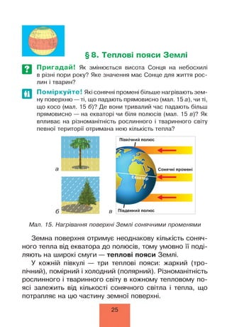 §8. Теплові пояси Землі
Пригадай! Як змінюється висота Сонця на небосхилі
в різні пори року? Яке значення має Сонце для життя рос­
лин і тварин?
Поміркуйте! Які сонячні промені більше нагрівають зем­
ну поверхню — ті, що падають прямовисно (мал. 15 а), чи ті,
що косо (мал. 15 б)? Де вони тривалий час падають більш
прямовисно — на екваторі чи біля полюсів (мал. 15 е)? Як
впливає на різноманітність рослинного і тваринного світу
певної території отримана нею кількість тепла?
Мал. 15. Нагрівання поверхні Землі сонячними променями
Земна поверхня отримує неоднакову кількість соняч­
ного тепла від екватора до полюсів, тому умовно її поді­
ляють на широкі смуги — теплові пояси Землі.
У кожній півкулі — три теплові пояси: жаркий (тро­
пічний), помірний і холодний (полярний). Різноманітність
рослинного і тваринного світу в кожному тепловому по­
ясі залежить від кількості сонячного світла і тепла, що
потрапляє на цю частину земної поверхні.
25
 