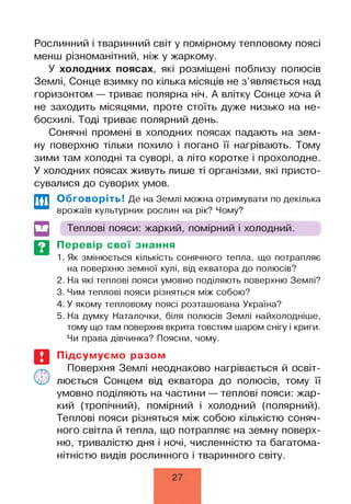 Рослинний і тваринний світ у помірному тепловому поясі
менш різноманітний, ніж у жаркому.
У холодних поясах, які розміщені поблизу полюсів
Землі, Сонце взимку по кілька місяців не з’являється над
горизонтом — триває полярна ніч. А влітку Сонце хоча й
не заходить місяцями, проте стоїть дуже низько на не­
босхилі. Тоді триває полярний день.
Сонячні промені в холодних поясах падають на зем­
ну поверхню тільки похило і погано її нагрівають. Тому
зими там холодні та суворі, а літо коротке і прохолодне.
У холодних поясах живуть лише ті організми, які присто­
сувалися до суворих умов.
Обговоріть! Де на Землі можна отримувати по декілька
врожаїв культурних рослин на рік? Чому?
Теплові пояси: жаркий, помірний і холодний.
Перевір свої знання
1. Як змінюється кількість сонячного тепла, що потрапляє
на поверхню земної кулі, від екватора до полюсів?
2. На які теплові пояси умовно поділяють поверхню Землі?
3. Чим теплові пояси різняться між собою?
4. У якому тепловому поясі розташована Україна?
5. На думку Наталочки, біля полюсів Землі найхолодніше,
тому що там поверхня вкрита товстим шаром снігу і криги.
Чи права дівчинка? Поясни, чому.
Підсумуємо разом
Поверхня Землі неоднаково нагрівається й освіт­
люється Сонцем від екватора до полюсів, тому її
умовно поділяють на частини — теплові пояси: жар­
кий (тропічний), помірний і холодний (полярний).
Теплові пояси різняться між собою кількістю соняч­
ного світла й тепла, що потрапляє на земну поверх­
ню, тривалістю дня і ночі, численністю та багатома­
нітністю видів рослинного і тваринного світу.
27
 