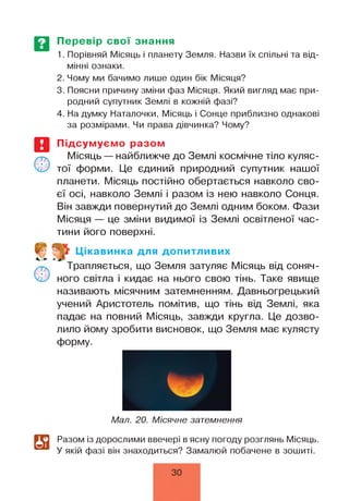 Перевір свої знання
1. Порівняй Місяць і планету Земля. Назви їх спільні та від­
мінні ознаки.
2. Чому ми бачимо лише один бік Місяця?
3. Поясни причину зміни фаз Місяця. Який вигляд має при­
родний супутник Землі в кожній фазі?
4. На думку Наталочки, Місяць і Сонце приблизно однакові
за розмірами. Чи права дівчинка? Чому?
Підсумуємо разом
Місяць — найближче до Землі космічне тіло куляс­
тої форми. Це єдиний природний супутник нашої
планети. Місяць постійно обертається навколо сво­
єї осі, навколо Землі і разом із нею навколо Сонця.
Він завжди повернутий до Землі одним боком. Фази
Місяця — це зміни видимої із Землі освітленої час­
тини його поверхні.
Цікавинка для допитливих
Трапляється, що Земля затуляє Місяць від соняч­
ного світла і кидає на нього свою тінь. Таке явище
називають місячним затемненням. Давньогрецький
учений Аристотель помітив, що тінь від Землі, яка
падає на повний Місяць, завжди кругла. Це дозво­
лило йому зробити висновок, що Земля має кулясту
форму.
Мал. 20. Місячне затемнення
Разом із дорослими ввечері в ясну погоду розглянь Місяць.
У якій фазі він знаходиться? Замалюй побачене в зошиті.
ЗО
 