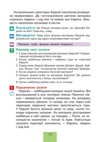 ЕШНа величезних просторах Євразії населення розміще­
не нерівномірно. До густонаселених регіонів материка
належать південь і схід Азії та майже вся Європа. Біль­
шість населення проживає в містах.
Поміркуйте! Де більше великих річок: на території Єв­
ропи чи Азії? Поясніть, чому.
Обговоріть! Чому різні ділянки материка Євразія від­
різняються одна від одної особливостями погоди?
Рівнини, гори, форми земної поверхні.
Перевір свої знання
1. У яких півкулях розташований материк Євразія? Охарак­
теризуй особливості його погоди.
2. Назви найбільші рівнини і найвищі гори на території
Євразії.
3. Серед річок Євразії Дмитрик назвав Дніпро, Дунай, Бай­
кал, Янцзи, Ганг. Чи допустив хлопчик помилку? Доведи.
4. На які корисні копалини багатий материк?
5. Скільки людей живе на материку Євразія? Які райони
цього континенту є більш заселеними?
6. Назви найбільші країни світу та їх столиці.
Підсумуємо разом
Євразія — найбільший материк нашої планети. Він
розташований в усіх теплових поясах Північної пів­
кулі і омивається чотирма океанами. На материку
переважають рівнини. Із заходу на схід через усю
територію південної частини простягаються гори.
У Євразії багато великих річок та озер, значні по­
клади корисних копалин. На материку розташовані
найбільші в світі країни: за площею — Росія, за чи­
сельністю населення — Китай та Індія. Найгустіше
заселені території континенту — Європа, південь
і схід Азії.
73
 