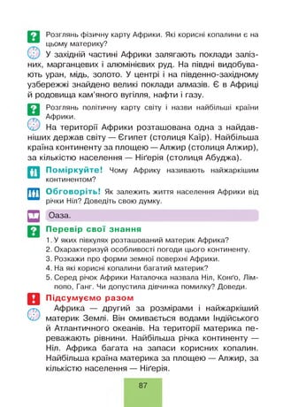 Розглянь фізичну карту Африки. Які корисні копалини є на
цьому материку?
У західній частині Африки залягають поклади заліз­
них, марганцевих і алюмінієвих руд. На півдні видобува­
ють уран, мідь, золото. У центрі і на південно-західному
узбережжі знайдено великі поклади алмазів. Є в Африці
й родовища кам’яного вугілля, нафти і газу.
Розглянь політичну карту світу і назви найбільші країни
Африки.
На території Африки розташована одна з найдав­
ніших держав світу — Єгипет (столиця Каїр). Найбільша
країна континенту за площею —Алжир (столиця Алжир),
за кількістю населення — Ніґерія (столиця Абуджа).
По міркуйте! Чому Африку називають найжаркішим
континентом?
©
Обговоріть! Як залежить життя населення Африки від
річки Ніл? Доведіть свою думку.
Оаза.
Перевір свої знання
1. У яких півкулях розташований материк Африка?
2. Охарактеризуй особливості погоди цього континенту.
3. Розкажи про форми земної поверхні Африки.
4. На які корисні копалини багатий материк?
5. Серед річок Африки Наталочка назвала Ніл, Конґо, Лім-
попо, Ганг. Чи допустила дівчинка помилку? Доведи.
Підсумуємо разом
Африка — другий за розмірами і найжаркіший
материк Землі. Він омивається водами Індійського
й Атлантичного океанів. На території материка пе­
реважають рівнини. Найбільша річка континенту —
Ніл. Африка багата на запаси корисних копалин.
Найбільша країна материка за площею — Алжир, за
кількістю населення — Ніґерія.
87
 