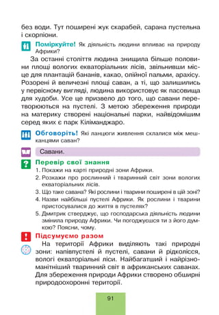 без води. Тут поширені жук скарабей, сарана пустельна
і скорпіони.
Поміркуйте! Як діяльність людини впливає на природу
Африки?
За останні століття людина знищила більше полови­
ни площі вологих екваторіальних лісів, звільнивши міс­
це для плантацій бананів, какао, олійної пальми, арахісу.
Розорені й величезні площі саван, а ті, що залишились
у первісному вигляді, людина використовує як пасовища
для худоби. Усе це призвело до того, що савани пере­
творюються на пустелі. З метою збереження природи
на материку створені національні парки, найвідомішим
серед яких є парк Кіліманджаро.
Обговоріть! Які ланцюги живлення склалися між меш­
канцями саван?
Савани.
Перевір свої знання
1. Покажи на карті природні зони Африки.
2. Розкажи про рослинний і тваринний світ зони вологих
екваторіальних лісів.
3. Що таке савана? Які рослини і тварини поширені в цій зоні?
4. Назви найбільші пустелі Африки. Як рослини і тварини
пристосувалися до життя в пустелях?
5. Дмитрик стверджує, що господарська діяльність людини
змінила природу Африки. Чи погоджуєшся ти з його дум­
кою? Поясни, чому.
Підсумуємо разом
На території Африки виділяють такі природні
зони: напівпустелі й пустелі, савани й рідколісся,
вологі екваторіальні ліси. Найбагатший і найрізно­
манітніший тваринний світ в африканських саванах.
Для збереження природи Африки створено обширні
природоохоронні території.
91
 