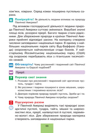хом’яки, ховрахи. Серед комах поширена пустельна са­
рана.
Поміркуйте! Як діяльність людини впливає на природу
Північної Америки?
Під впливом господарської діяльності людини приро­
да Північної Америки суттєво змінилася. Вирубані значні
площі лісів, розорені прерії. Багато тварин стали рідкіс­
ними. Для збереження природи в країнах Північної Аме­
рики прийняті відповідні закони. На материку створено
численні заповідники і національні парки. В одному з най­
більших національних парків світу Вуд-Баффало (Кана­
да) охороняється найчисленніше стадо бізонів. У най­
старішому Йосемітському національному парку (США)
під охороною перебувають ліси з гігантських тисячоліт­
ніх секвой.
Обговоріть! Чому рослинний і тваринний світ Північної
Америки та Євразії подібний?
Прерії.
Перевір свої знання
1. Розкажи про рослинний і тваринний світ арктичних пус­
тель, тундри і тайги.
2. Які рослини і тварини поширені в зонах мішаних, широ­
колистяних і перемінно-вологих лісів?
3. Дмитрик порівняв природу прерій і пустель. Зроби це і ти.
4. Чому природа Північної Америки потребує охорони?
Підсумуємо разом
У Північній Америці виділяють такі природні зони:
арктичні пустелі, тундра, тайга, мішані та широко­
листяні ліси, прерії, напівпустелі й пустелі, перемін­
но-вологі ліси. Для збереження природи материка
створюють заповідники й національні парки.
99
 