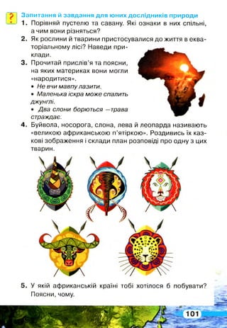 Запитання й завдання для юних дослідників природи
1. Порівняй пустелю та савану. Які ознаки в них спільні,
а чим вони різняться?
2 . Як рослини й тварини пристосувалися до життя в еква­
торіальному лісі? Наведи при­
клади.
3. Прочитай прислів’я та поясни,
на яких материках вони могли
«народитися».
• Не вчи мавпу лазити.
• Маленька іскра може спалить
джунглі.
• Два слони борються —трава
страждає.
4 . Буйвола, носорога, слона, лева й леопарда називають
«великою африканською п’ятіркою». Роздивись їх каз­
кові зображення і склади план розповіді про одну з цих
тварин.
5. У якій африканській країні тобі хотілося б побувати?
Поясни, чому.
 