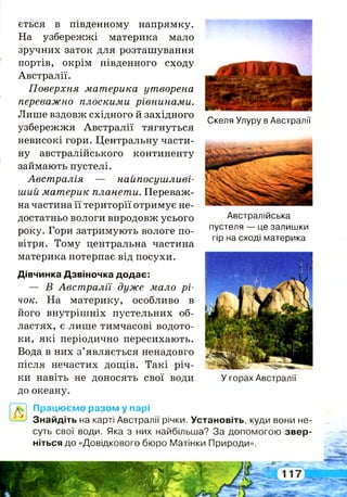 4 ж
*' ,*4.
ё% V
.Щ « :
*ф "
'.„у 3 ?. '
ЙІ »
ється в південному напрямку.
На узбережжі материка мало
зручних заток для розташування
портів, окрім південного сходу
Австралії.
Поверхня материка утворена
переважно плоскими рівнинами.
Лише вздовж східного й західного
узбережжя Австралії тягнуться
невисокі гори. Центральну части­
ну австралійського континенту
займають пустелі.
Австралія — найпосушливі-
ший материк планети. Переваж­
на частина її території отримує не­
достатньо вологи впродовж усього
року. Гори затримують вологе по­
вітря. Тому центральна частина
материка потерпає від посухи.
Дівчинка Дзвіночка додає:
— В Австралії дуже мало рі­
чок. На материку, особливо в
його внутрішніх пустельних об­
ластях, є лише тимчасові водото-
ки, які періодично пересихають.
Вода в них з’являється ненадовго
після нечастих дощів. Такі річ­
ки навіть не доносять свої води
до океану.
Скеля Улуру в Австралії
А*і ^
Працюємо разом у парі
Знайдіть на карті Австралії річки. Установіть, куди вони не­
суть свої води. Яка з них найбільша? За допомогою звер­
ніться до «Довідкового бюро Матінки Природи».
Австралійська
пустеля — це залишки
гір на сході материка
У горах Австралії
 