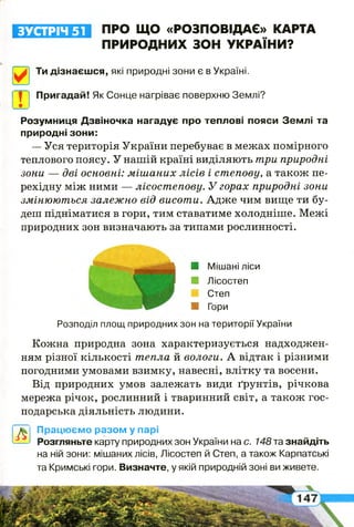 ЗУСТРІЧ 51 ПРО ЩО «РОЗПОВІДАЄ» КАРТА
ПРИРОДНИХ ЗОН УКРАЇНИ?
Ти дізнаєшся, які природні зони є в Україні.
[ | | Пригадай! Як Сонце нагріває поверхню Землі?
Розумниця Дзвіночка нагадує про теплові пояси Землі та
природні зони:
— Уся територія України перебуває в межах помірного
теплового поясу. У нашій країні виділяють три природні
зони — дві основні: м іш а н и х л ісів і степову, а також пе­
рехідну між ними — лісостепову. У горах природні зони
змінюют ься залежно від висоти. Адже чим вище ти бу­
деш підніматися в гори, тим ставатиме холодніше. Межі
природних зон визначають за типами рослинності.
І
Розподіл площ природних зон на території України
Кожна природна зона характеризується надходжен­
ням різної кількості тепла й вологи. А відтак і різними
погодними умовами взимку, навесні, влітку та восени.
Від природних умов залежать види ґрунтів, річкова
мережа річок, рослинний і тваринний світ, а також гос­
подарська діяльність людини.
А Працюємо разом у парі
Розгляньте карту природних зон України на с. 148 та знайдіть
на ній зони: мішаних лісів, Лісостеп й Степ, а також Карпатські
та Кримські гори. Визначте, у якій природній зоні ви живете.
■ Мішані ліси
В Лісостеп
Степ
В Гори
 