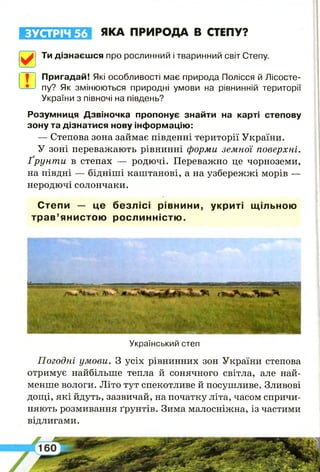 ЗУСТРІЧ 56
✓
!
ЯКА ПРИРОДА В СТЕПУ?
Ти дізнаєшся про рослинний і тваринний світ Степу.
Степи — це безлісі рівнини, укриті щільною
трав’янистою рослинністю.
• V
ШШЯИВЯЯШШШШВІ
— ■-»>• 1 1і Ііиаплві. і.щавсу» * е ^ ч т о « *•:«»«
г ш
Український степ
Погодні умови. З усіх рівнинних зон України степова
отримує найбільше тепла й сонячного світла, але най­
менше вологи. Літо тут спекотливе й посушливе. Зливові
дощі, які йдуть, зазвичай, на початку літа, часом спричи­
няють розмивання ґрунтів. Зима малосніжна, із частими
відлигами.
Пригадай! Які особливості має природа Полісся й Лісосте­
пу? Як змінюються природні умови на рівнинній території
України з півночі на південь?
Розумниця Дзвіночка пропонує знайти на карті степову
зону та дізнатися нову інформацію:
— Степова зона займає південні території України.
У зоні переважають рівнинні форми земної поверхні.
Ґрунти в степах — родючі. Переважно це чорноземи,
на півдні — бідніші каштанові, а на узбережжі морів —
неродючі солончаки.
 