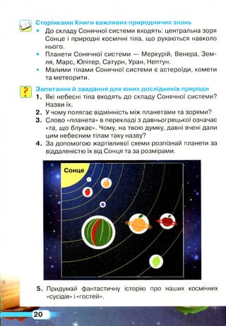 Сторінками Книги важливих природничих знань
• До складу Сонячної системи входять: центральна зоря
Сонце і природні космічні тіла, що рухаються навколо
нього.
• Планети Сонячної системи — Меркурій, Венера, Зем­
ля, Марс, Юпітер, Сатурн, Уран, Нептун.
• Малими тілами Сонячної системи є астероїди, комети
та метеорити.
Запитання й завдання для юних дослідників природи
1. Які небесні тіла входять до складу Сонячної системи?
Назви їх.
2. У чому полягає відмінність між планетами та зорями?
3. Слово «планета» в перекладі з давньогрецької означає
«та, що блукає». Чому, на твою думку, давні вчені дали
цим небесним тілам таку назву?
4. За допомогою жартівливої схеми розпізнай планети за
віддаленістю їх від Сонця та за розмірами.
5. Придумай фантастичну історію про наших космічних
«сусідів» і «гостей».
 