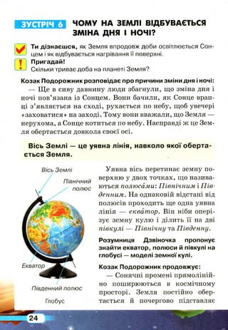ЧОМУ НА ЗЕМЛІ ВІДБУВАЄТЬСЯ
ЗМІНА ДНЯ І НОЧІ?
Ти дізнаєшся, як Земля впродовж доби освітлюється Сон-
цем і як відбувається нагрівання її поверхні.
ШПригадай!
Скільки триває доба на планеті Земля?
Козак Подорожник розповідає про причини зміни дня і ночі:
— Щ е в сиву давнину люди збагнули, що зміна дня і
ночі пов’язана із Сонцем. Вони бачили, як Сонце вран­
ці з’являється на сході, рухається по небу, щоб увечері
«заховатися» на заході. Тому вони вважали, що Земля —
нерухома, а Сонце котиться по небу. Насправді ж це Зем­
ля обертається довкола своєї осі.
Вісь Зем л і — це уявна лінія, навколо якої обер та­
ється З ем л я.
Вісь Землі Уявна вісь перетинає земну по­
верхню у двох точках, що назива­
ються полюсами: Північним і П ів ­
денним. На однаковій відстані від
полюсів проходить ще одна уявна
лінія — екватор. Він ніби опері­
зує земну кулю і ділить її на дві
півкулі — П івнічну та Південну.
Розумниця Дзвіночка пропонує
знайти екватор, полюси й півкулі на
глобусі — моделі земної кулі.
Козак Подорожник продовжує:
Південний полюс
Глобус
— Сонячні промені прямоліній­
но поширюються в космічному
просторі. Земля постійно обер­
тається й почергово підставляє
 
