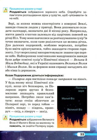 Працюємо разом у парі
Роздивіться зображення зоряного неба. Спробуйте за­
пам’ятати розташування зірок у сузір’ях, щоб «упізнавати» їх
на небі.
Зорі, за якими можна спостерігати з поверхні Землі,
завжди ставали людям у пригоді. Вони допомагали скла­
дати календарі, визначати дні й місяці року. Наприклад,
життя давніх єгиптян залежало від щорічних повеней на
річці Ніл. Тому вони навчилися за розташуванням сузір’їв
точно визначати, коли саме розіллється ця велика річка.
Для далеких подорожей, особливо морських, потрібно
було вміти орієнтуватися, тобто знаходити сторони гори­
зонту. І тут мореплавці використовували знання про зоря­
не небо. Найпершими помічниками мандрівників завжди
були добре помітні сузір’я Північної півкулі — Велика й
Мала Ведмедиці, які в Україні називають Великим Возом
і Малим Возом. Бо за формою вони справді нагадують віз
або ківш із держаком.
Козак Подорожник ділиться інформацією:
— Полярна зоря постійно показує напрямок на північ.
У будь-якому місці Північної пів­
кулі, якщо ніч безхмарна, за По­
лярною зорею зручно й безпо­
милково знаходять правильний
напрямок. Потрібно лише пам’я­
тати: якщо стоїш обличчям до
Полярної зорі, то перед тобою —
північ, позаду — південь, право­
руч — схід, а ліворуч — захід.
Л
Працюємо разом у парі
Роздивіться зображення Великого
Воза й Малого Воза на малюнку та
поясніть, як знайти Полярну зорю.
 