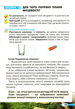 ЗУСТРІЧ 15
/ І
ДЛЯ ЧОГО ПОТРІБНІ ПЛАНИ
МІСЦЕВОСТІ?
0 Ти дізнаєшся, як складати план місцевості та для чого він
потрібний людям.
| | 1| Пригадай! Для чого складають, наприклад, план роботи? Чи
подобається тобі планувати свій день? Що ще може означа­
ти слово «план»?
Працюємо разом у парі
Розгляньте малюнки та поясніть, як можна накреслити
плани невеликих предметів, таких як гумка або склянка.
Обміркуйте разом і запропонуйте приклади інших пред­
метів для простих планів. Накресліть кілька з них на окре­
мому аркуші.
Козак Подорожник пояснює:
— Виявляється, щоб отримати план гумки або склян­
ки, достатньо обвести ці предмети олівцем. На планах
вони матимуть такий вигляд, як ми бачимо їх зверху.
А як зобразити плани великих об’єктів, наприклад,
будівлі школи чи дитячого майданчика? Або накреслити
план певної місцевості? Тоді необхідно уявити, їхній ви­
гляд зверху, ніби з висоти пташиного польоту.
Часто в повсякденному житті виникає потреба мати
плани окремої кімнати, усієї квартири чи присадибної
ділянки.
План — це точне креслення вигляду об’єктів зверху.
План місцевості — це зображ ення невеликої
ділянки зем н о ї поверхні у зм ен ш ен о м у вигляді.
 