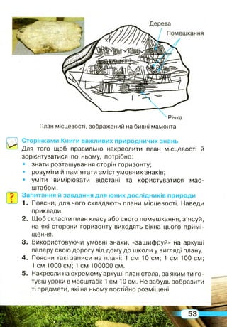 Річка
План місцевості, зображений на бивні мамонта
□
Сторінками Книги важливих природничих знань
Для того щоб правильно накреслити план місцевості й
зорієнтуватися по ньому, потрібно:
• знати розташування сторін горизонту;
• розуміти й пам’ятати зміст умовних знаків;
• уміти вимірювати відстані та користуватися мас­
штабом.
р Запитання й завдання для юних дослідників природи
1. Поясни, для чого складають плани місцевості. Наведи
приклади.
2. Щоб скласти план класу або свого помешкання, з ’ясуй,
на які сторони горизонту виходять вікна цього примі­
щення.
3. Використовуючи умовні знаки, «зашифруй» на аркуші
паперу свою дорогу від дому до школи у вигляді плану.
4. Поясни такі записи на плані: 1 см 10 см; 1 см 100 см;
1 см 1000 см; 1 см 100000 см.
5. Накресли на окремому аркуші план стола, за яким ти го­
туєш уроки в масштабі: 1 см 10 см. Не забудь зобразити
ті предмети, які на ньому постійно розміщені.
 