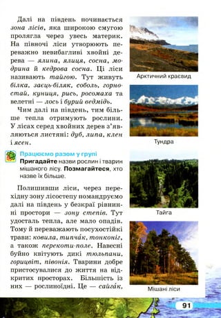 Далі на південь починається
зона лісів, яка широкою смугою
пролягла через увесь материк.
На півночі ліси утворюють пе­
реважно невибагливі хвойні де­
рева — ялина, ялиця, сосна, мо­
дрина й кедрова сосна. Ц і ліси
називають тайгою. Тут живуть
білка, заєць-біляк, соболь, горно­
стай, куниця, рись, росомаха та
велетні — лось і бурий ведмідь.
Чим далі на південь, тим біль­
ше тепла отримують рослини.
У лісах серед хвойних дерев з’яв­
ляються листяні: дуб, липа, клен
і ясен.
Працюємо разом у групі
Пригадайте назви рослин і тварин
мішаного лісу. Позмагайтеся, хто
назве їх більше.
Полишивши ліси, через пере­
хідну зону лісостепу помандруємо
далі на південь у безкраї рівнин­
ні простори — зону степів. Тут
удосталь тепла, але мало опадів.
Тому й переважають посухостійкі
трави: ковила, типчак, тонконіг,
а також перекоти поле. Навесні
буйно квітують дикі тюльпани,
горицвіт, півонія. Тварини добре
пристосувалися до життя на від­
критих просторах. Більшість із
них — рослиноїдні. Це — сайгак,
Арктичний краєвид
Тундра
Тайга
І
 