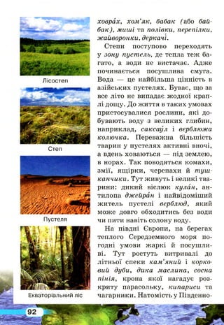 Лісостеп
Степ
Пустеля
Екваторіальний ліс
ховрах, хом’як, бабак ( або бай­
бак), миші та полівки, перепілки,
жайворонки, деркачі.
Степи поступово переходять
у зону пустель, де тепла теж ба­
гато, а води не вистачає. Адже
починається посушлива смуга.
Вода — це найбільша цінність в
азійських пустелях. Буває, що за
все літо не випадає жодної крап­
л і дощу. До життя в таких умовах
пристосувалися рослини, які до­
бувають воду з великих глибин,
наприклад, саксаул і верблюжа
колючка. Переважна більшість
тварин у пустелях активні вночі,
а вдень ховаються — під землею,
в норах. Так поводяться комахи,
змії, ящірки, черепахи й туш­
канчики. Тут живуть і великі тва­
рини: дикий віслюк кулан, ан­
тилопа джейран і найвідоміший
житель пустелі верблюд, який
може довго обходитись без води
чи пити навіть солону воду.
На півдні Європи, на берегах
теплого Середземного моря по-
годні умови жаркі й посушли­
ві. Тут ростуть витривалі до
літньої спеки кам’яний і корко­
вий дуби, дика маслина, сосна
пінія, крона якої нагадує роз­
криту парасольку, кипариси та
чагарники. Натомість у Південно-
 