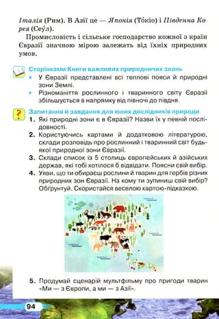 Іт алія (Рим). В А зії це — Японія (Токіо) і Південна Ко­
рея (Сеул).
Промисловість і сільське господарство кожної з країн
Євразії значною мірою залежать від їхніх природних
умов.
?
Сторінками Книги важливих природничих знань
• У Євразії представлені всі теплові пояси й природні
зони Землі.
• Різноманіття рослинного і тваринного світу Євразії
збільшується в напрямку від півночі до півдня.
Запитання й завдання для юних дослідників природи
1. Які природні зони є в Євразії? Назви їх у певній послі­
довності.
2. Користуючись картами й додатковою літературою,
склади розповідь про рослинний і тваринний світ будь-
якої природної зони Євразії.
3. Склади список із 5 столиць європейських й азійських
держав, які тобі хотілося б відвідати. Поясни свій вибір.
4. Уяви, що ти обираєш рослини й тварин для гербів різних
природних зон Євразії. На кому ти зупиниш свій вибір?
Обґрунтуй. Скористайся веселою картою-підказкою.
5. Продумай сценарій мультфільму про пригоди тварин
«Ми — з Європи, а ми — з Азії».
* #
 
