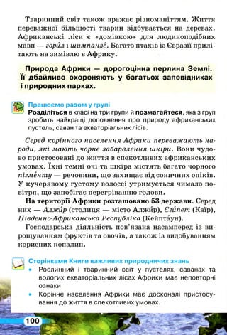 Тваринний світ також вражає різноманіттям. Життя
переважної більшості тварин відбувається на деревах.
Африканські ліси є «домівкою» для людиноподібних
мавп — горил і шимпанзе. Багато птахів із Євразії прилі­
тають на зимівлю в Африку.
Природа Африки — дорогоцінна перлина Землі.
Ґґ дбайливо охороняють у багатьох заповідниках
і природних парках.
Працюємо разом у групі
Розділіться в класі на три групи й позмагайтеся, яка з груп
зробить найкращі доповнення про природу африканських
пустель, саван та екваторіальних лісів.
Серед корінного населення Африки переважають на­
роди, які мають чорне забарвлення шкіри. Вони чудо­
во пристосовані до життя в спекотливих африканських
умовах. їхні темні очі та шкіра містять багато чорного
пігменту — речовини, що захищає від сонячних опіків.
У кучерявому густому волоссі утримується чимало по­
вітря, що запобігає перегріванню голови.
На території Африки розташовано 53 держави. Серед
них — Алжир (столиця — місто Алжир), Єгипет (Каїр),
Південно-Африканська Республіка (Кейптаун).
Господарська діяльність пов’язана насамперед із ви­
рощуванням фруктів та овочів, а також із видобуванням
корисних копалин.
Сторінками Книги важливих природничих знань
• Рослинний і тваринний світ у пустелях, саванах та
вологих екваторіальних лісах Африки має неповторні
ознаки.
• Корінне населення Африки має досконалі пристосу­
вання до життя в спекотливих умовах.
 