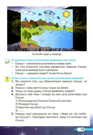 Колообіг води у природі
Сторінками Книги важливих природничих знань
• Сонце — величезна розпечена газова куля.
• Усі тіла Сонячної системи рухаються навколо Сонця,
тому воно вважається її центром.
• Сонце — джерело енергії та життя на Землі.
? Запитання й завдання для юних дослідників природи
1. Які космічні тіла, що обертаються навколо Сонця, ти
знаєш?
2. Поясни, чому життя існує тільки на Землі.
3. Чому, на твою думку, Сонце вважають зорею?
4. Доповни цей план і склади за ним усну розповідь про
Сонце.
1) Розташування Сонця в Сонячній системі.
2) Розміри Сонця.
3) Відстань від Землі до Сонця.
4) .......
5. Наведи свої міркування на тему: «Чому ми так лю би­
мо Сонце?». Пригадай прислів’я, вірші та легенди про
Сонце.
 