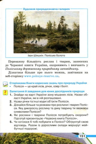 — Художня природознавча галерея
Іван Шишкін. Поліське болото
Переважну більшість рослин і тварин, занесених
до Червоної книги України, охороняють і вивчають у
Поліському державному природному заповіднику.
Дізнатися більше про нього можна, завітавши на
веб-сторінку www.polesye-reserve.ua.
Сторінками Книги корисних знань про природу України
• Полісся — це край лісів, річок, озер і боліт.
Запитання й завдання для юних дослідників природи
1. Знайди на карті України зону мішаних лісів. Назви об­
ласті України, які в ній розташовані.
2 . Назви річки та інші водні об’єкти Полісся.
3. Дізнайся більше та розкажи про рослини і тварин Поліс­
ся. Яку дикорослу рослину та дику тварину ти вважаєш
символами Полісся?
4 . Які рослини і тварини Полісся потребують охорони?
Підготуй презентацію «Червона книга Полісся».
5 . Чи хотілося б тобі побувати в Поліссі? Обґрунтуй свою
відповідь. Разом із дорослими склади маршрут май­
бутньої подорожі.
 
