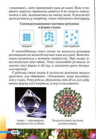 «упаковані», наче припасовані одна до одної. Вони утво­
рюють жорстку правильну решітку й не можуть пересу­
ватися в ній, залишаючись на своєму місці. В результаті
цього речовини у твердому ст ані зберігають свою форму.
Схеми розташування частинок речовини
в різних станах
твердни рідкии газоподібний
У газоподібному ст ані атоми чи молекули речовини
розташовані на великій відстані одна від одної. Вони без­
ладно рухаються з великою швидкістю. При цьому зі­
штовхуються між собою. Тому газоподібні речовини не
мають своєї форми й об’єму, а займают ь увесь доступ­
ний простір.
У р ід ко м у ст ані атоми й молекули речовини можуть
рухатися, але обмежено. «Упаковані» вони щільніше,
ніж у газах. Тому р ід и н и зберігають свій об’єм, але набу­
вають форму т іє ї посудини, у я к у їх наливають.
Алмаз — найтвердіше
природне тіло на Землі
Так розташовані частинки
(атоми) алмазу
 