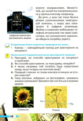 Цифрові навігатори
допомагають водіям
пункту відправлення. Запам’я­
тай, що назад ти повертатимеш­
ся у протилежному напрямку.
До речі, у наш час існує багато
різних удосконалених конструк­
цій компаса, є серед них елек­
тронні й цифрові різновиди.
Майже в кожному мобільному те­
лефоні встановлені так звані наві­
гатори, які допомагають правиль­
но обирати потрібну дорогу.
Сторінками Книги корисних природничих знань
• Компас — найнадійніший прилад для орієнтування на
місцевості.
Запитання й завдання для юних дослідників природи
1. Пригадай, які способи орієнтування на місцевості
є надійними.
2. Які способи орієнтування, на твою думку, ненадійні?
3. У якому напрямку тобі потрібно буде повертатися
назад, якщо ти йдеш на північний захід?
4. Поміркуй і поясни: як поява компаса вплинула на істо­
рію людства?
5. Чому рослини, зображені на фотографіях, називають
живими компасами? Дізнайся про них більше й розкажи
друзям.
ПижмоСоняшник
Пн
 