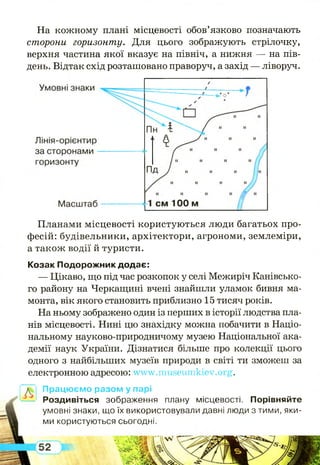 На кожному плані місцевості обов’язково позначають
сторони горизонту. Для цього зображують стрілочку,
верхня частина якої вказує на північ, а нижня — на пів­
день. Відтак схід розташовано праворуч, а захід — ліворуч.
Планами місцевості користуються люди багатьох про­
фесій: будівельники, архітектори, агрономи, землеміри,
а також водії й туристи.
Козак Подорожник додає:
— Цікаво, що під час розкопок у селі Межиріч Канівсько­
го району на Черкащині вчені знайшли уламок бивня ма­
монта, вік якого становить приблизно 15 тисяч років.
На ньому зображено один із перших в історії людства пла­
нів місцевості. Нині цю знахідку можна побачити в Націо­
нальному науково-природничому музею Національної ака­
демії наук України. Дізнатися більше про колекції цього
одного з найбільших музеїв природи в світі ти зможеш за
електронною адресою: www.museumkiev.org.
Працюємо разом у парі
Роздивіться зображення плану місцевості. Порівняйте
умовні знаки, що їх використовували давні люди з тими, яки­
ми користуються сьогодні.
 