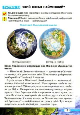 ЗУСТРІЧ 25 ЯКИЙ ОКЕАН НАЙМЕНШИЙ?
Ти дізнаєшся про характерні ознаки холодного Північного
Льодовитого океану.
Пригадай! Який з океанів на Землі найбільший, найдовший,
найглибший, а який — найтепліший?
Північний Льодовитий океан
Вигляд із космосу Вигляд на глобусі
Козак Подорожник розповідає про Північний Льодовитий
океан:
— Північний Льодовитий океан — це частина Світово­
го океану, він розмістився між Північними узбережжя­
ми Євразії та Північної Америки.
З усіх океанів Північний Льодовитий — найменший,
найхолодніший і наймілкіший. Його середня глибина ста­
новить усього 1250 метрів, а загалом переважають глиби­
ни до 200 м. Центральна частина океану завжди вкрита
кригою. Його берегова лінія «порізана» на малі вузькі за­
токи. За кількістю островів він посідає друге місце після
Тихого океану. У ньому «леж ить» більша частина крижа­
ної Гренландії — найбільшого острова у світі. Тут «наро­
джуються» північні айсберги, схожі на гори.
 