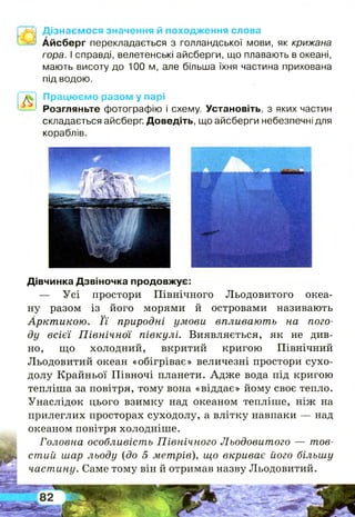 Дізнаємося значення й походження слова
Айсберг перекладається з голландської мови, як крижана
гора. І справді, велетенські айсберги, що плавають в океані,
мають висоту до 100 м, але більша їхня частина прихована
під водою.
Працюємо разом у парі
Розгляньте фотографію і схему. Установіть, з яких частин
складається айсберг. Доведіть, що айсберги небезпечні для
кораблів.
Дівчинка Дзвіночка продовжує:
— Усі простори Північного Льодовитого океа­
ну разом із його морями й островами називають
Арктикою. Ї ї природні умови впливають на пого­
ду всієї П івнічної півкулі. Виявляється, як не див­
но, що холодний, вкритий кригою Північний
Льодовитий океан «обігріває» величезні простори сухо­
долу Крайньої Півночі планети. Адже вода під кригою
тепліша за повітря, тому вона «віддає» йому своє тепло.
Унаслідок цього взимку над океаном тепліше, ніж на
прилеглих просторах суходолу, а влітку навпаки — над
океаном повітря холодніше.
Головна особливість Північного Льодовитого — тов­
стий шар льоду {до 5 метрів), що вкриває його більшу
частину. Саме тому він й отримав назву Льодовитий.
 