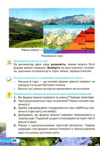 Різновисокі гори
Працюємо разом у парі
За допомогою двох схем розкажіть, якими можуть бути
форми земної поверхні. Знайдіть на карті рівнини: низови­
ни, височини та плоскогір’я; гори: низькі, середні й високі.
Сторінками Книги корисних природничих знань
• Рівнини й гори — це основні форми земної поверхні на
суходолі та на дні Світового океану.
• Висоту гір і рівнин на картах визначають за кольором.
Запитання й завдання для юних дослідників природи
1. Які форми земної поверхні ти знаєш? Наведи приклади.
2. Чим розрізняються гори та рівнини? Назви основні від­
мінності.
3. Зроби інформаційне повідомлення про найбільші рів­
нини й гори світу {на вибір).
4. Довідайся, які форми земної поверхні переважають у
твоєму краї. Порівняй ці дані з кольорами на карті твого
рідного краю.
5. Разом з однокласниками підготуй вікторину «Чудеса
природи» про форми земної поверхні у твоєму рідному
краї та в різних куточках світу.
 