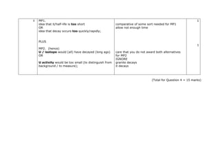 ii MP1.
idea that it/half-life is too short
OR
idea that decay occurs too quickly/rapidly;
PLUS
MP2. (hence)
U / isotope would (all) have decayed (long ago)
OR
U activity would be too small (to distinguish from
background / to measure);
comparative of some sort needed for MP1
allow not enough time
care that you do not award both alternatives
for MP2
IGNORE
granite decays
it decays
1
1
(Total for Question 4 = 15 marks)
 