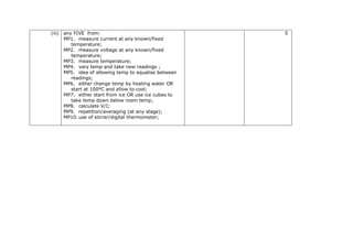 (iii) any FIVE from:
MP1. measure current at any known/fixed
temperature;
MP2. measure voltage at any known/fixed
temperature;
MP3. measure temperature;
MP4. vary temp and take new readings ;
MP5. idea of allowing temp to equalise between
readings;
MP6. either change temp by heating water OR
start at 100ºC and allow to cool;
MP7. either start from ice OR use ice cubes to
take temp down below room temp;
MP8. calculate V/I;
MP9. repetition/averaging (at any stage);
MP10. use of stirrer/digital thermometer;
5
 