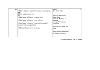 (v)
MP1 it will give a bigger temperature (range)/eq;
AND
DOP a suitable comment
e.g.
MP2 a larger difference in water level;
MP3 a larger difference in air volume;
MP4 a larger difference in (kinetic) energy of
air/gas molecules/particles;
MP5 idea of upper limit to range;
Allow
the girl is right
amount of water for
water level
amount of air for air
volume
speed of molecules
/particles
water would reach the
bulb
if the second statement
is chosen, no marks
2
(Total for Question 9 = 14 marks)
 