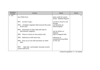 Question
number
Answer Notes Marks
3 (b) 4
Any FOUR from:
MP1. Current in coil ;
MP2. (Creates) magnetic field (around the wires
of the coil);
MP3. Interaction of (this) field with that of
(permanent) magnets;
MP4. There is a force on the wire(of coil);
MP5. Reference to left hand rule;
MP6. force up on one side and down on other
side;
MP7. Idea that commutator reverses current
(every half turn);
allow credit for points
shown labelled diagram
current in circuit is not
enough
coil becomes an
electromagnet
can be shown on
diagram
idea of catapult field
reference to
moment/turning effect
on the coil
(Total for Question 3 = 12 marks)
 