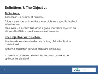 3
Definitions & The Objective
How to reduce state aids when maximizing clicks that lead to
conversions?
Is there a correlation between clicks and state aids?
If there is a correlation between the two, what can we do to
optimize the situation?
Clicks – a number of times that a user clicks on a specific facebook
advertisement.
State Aids – a number that shows a given conversion received an
aid from the State where the conversion occurred.
Conversion – a number of purchase
The Objective for this client:
Definitions:
 