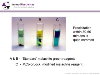 © Innova Biosciences ltd. 2013. All rights reserved
A & B - ‘Standard’ malachite green reagents
C - PiColorLock, modified malachite reagent
Precipitation
within 30-60
minutes is
quite common
 