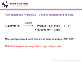 © Innova Biosciences ltd. 2013. All rights reserved
Substrate P Product OH (10%) Pi+
Enzyme
+ Substrate P (90%)
Non-enzymatic hydrolysis – a major problem and its cure.
Many phosphorylated substrates are sensitive to acid e.g. ATP, GTP
Malachite reagents are very acidic > high backgrounds
 