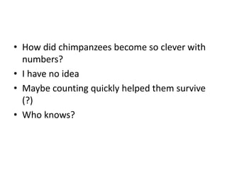 • How did chimpanzees become so clever with
numbers?
• I have no idea
• Maybe counting quickly helped them survive
(?)
• Who knows?
 