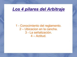 Los 4 pilares del Arbitraje
1 - Conocimiento del reglamento.
2 – Ubicacion en la cancha.
3 - La señalización.
4 – Actitud.
 
