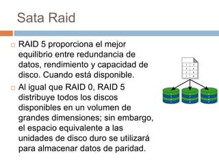 Sata RaidRAID 5 proporciona el mejor equilibrio entre redundancia de datos, rendimiento y capacidad de disco. Cuando está disponible.Al igual que RAID 0, RAID 5 distribuye todos los discos disponibles en un volumen de grandes dimensiones; sin embargo, el espacio equivalente a las unidades de disco duro se utilizará para almacenar datos de paridad.