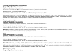 Chocalho de tampinhas de metal em suporte de madeira
Campo de Experiência: O eu, o outro e nós
Objetivos de Aprendizagem e Desenvolvimento:
Compreender a necessidade das regras no convívio social, nas brincadeiras e nos jogos com outras crianças.
Manifestar oposição a qualquer forma de discriminação.
Usar estratégias pautadas no respeito mútuo para lidar com conflitos nas interações com crianças e adultos.
Material: algumas tampinhas de metal (cerveja, gatorede). Um suporte de madeira como o da foto ao lado; tinta; pregos e arame. Abra as tampinhas com o martelo
furando-as no centro. Passe um fio de arame por cada uma delas amarrando no suporte de madeira que já deverá estar lixado e pintado à gosto; Atividade com sucatas;
Expressão gestual; Vivências éticas de respeito ao individual e coletivo; Combinação de Linguagens Visual / escrita / falada.
Reco-reco com garrafa de água
Campo de Experiência: O eu, o outro e nós
Objetivos de Aprendizagem e Desenvolvimento:
Compreender a necessidade das regras no convívio social, nas brincadeiras e nos jogos com outras crianças.
Manifestar oposição a qualquer forma de discriminação.
Usar estratégias pautadas no respeito mútuo para lidar com conflitos nas interações com crianças e adultos.
Material: 1 garrafa de água que tenha ondulações; barbante; 1 ripinha de madeira ou metal. Decore a garrafa á gosto. Amarre uma ponta do barbante na boca da garrafa
e a outra ponta na ripinha de madeira; Atividade com sucatas; Expressão gestual;
Surdo
Campo de Experiência: O eu, o outro e nós
Objetivos de Aprendizagem e Desenvolvimento:
Compreender a necessidade das regras no convívio social, nas brincadeiras e nos jogos com outras crianças.
Manifestar oposição a qualquer forma de discriminação.
Usar estratégias pautadas no respeito mútuo para lidar com conflitos nas interações com crianças e adultos.
Material: 1 pote de sorvete de papelão ou um balde plástico; retalho de tecido grosso; barbante ou sisal grosso; retalhos de tecidos, ripinha de madeira ou metal. Lave e
seque muito bem o pote de sorvete. Decore o pote como achar melhor usando tinta. Canetas, colegam de papel, etc. Cubra a boca do pote com o tecido grosso
amarrando-o com o barbante. Faça uma trouxinha de tecido amarrando-a na ponta da ripinha que servirá de batedor; Atividade com sucatas; Expressão gestual;
Vivências éticas de respeito ao individual e coletivo; Combinação de Linguagens Visual / escrita / falada.
Guitarra de caixa de papelão
Campo de Experiência: O eu, o outro e nós
 