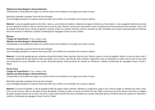 Objetivos de Aprendizagem e Desenvolvimento:
Compreender a necessidade das regras no convívio social, nas brincadeiras e nos jogos com outras crianças.
Manifestar oposição a qualquer forma de discriminação.
Usar estratégias pautadas no respeito mútuo para lidar com conflitos nas interações com crianças e adultos.
Material: 1 caixa de papelão (pode ser de leite); 1 lápis ou uma ripinha de madeira; 3 elásticos de segurar dinheiro (ou fio de nylon); 1 rolo de papelão (toalha de cozinha)
ou uma ripinha de madeira. Faça um recorte oval no meio da caixa. Decore-a como achar conveniente. Passe os elásticos de forma que fiquem bem esticados. Cole o rolo
de papelão formando assim o braço da guitarra. Coloque o lápis ou a ripinha conforme mostra o desenho ao lado; Atividade com sucatas; Expressão gestual; Vivências
éticas de respeito ao individual e coletivo; Combinação de Linguagens Visual / escrita / falada.
Maracas
Campo de Experiência: O eu, o outro e nós
Objetivos de Aprendizagem e Desenvolvimento:
Compreender a necessidade das regras no convívio social, nas brincadeiras e nos jogos com outras crianças.
Manifestar oposição a qualquer forma de discriminação.
Usar estratégias pautadas no respeito mútuo para lidar com conflitos nas interações com crianças e adultos.
Material: 1 circulo de papelão grosso; tampinhas de garrafa (metal); tintas coloridas; fitas de cetim. Decore a gosto o circulo de papelão. Dobre o círculo ao meio e cole 2
tampinhas de garrafa de cada lado de modo que batam uma na outra. Cole fitas de cetim coloridas. Segurando como um sanduíche, na parte reta do semi circulo, bata
uma tampinha na outra; Atividade com sucatas; Expressão gestual; Vivências éticas de respeito ao individual e coletivo; Combinação de Linguagens Visual / escrita /
falada.
Pau de chuva
Campo de Experiência: O eu, o outro e nós
Objetivos de Aprendizagem e Desenvolvimento:
Compreender a necessidade das regras no convívio social, nas brincadeiras e nos jogos com outras crianças.
Manifestar oposição a qualquer forma de discriminação.
Usar estratégias pautadas no respeito mútuo para lidar com conflitos nas interações com crianças e adultos.
Material: 2 círculos de papelão; 1 rolo de papelão (toalha de papel); papéis coloridos. Alfinetes ou preguinhos, grãos e cola. Enfie os pregos ou alfinetes por todo o tubo.
Com um dos círculos, vede um dos lados do tubo de papelão. Coloque os grãos ou contas no interior do tubo. Vede a outra boca do tuvo e decore com tinta ou colagem
de papel. Quando viramos de um lado e do outro, o tubo produz barulho de chuva; Atividade com sucatas; Expressão gestual; Vivências éticas de respeito ao individual e
coletivo; Combinação de Linguagens Visual / escrita / falada.
 