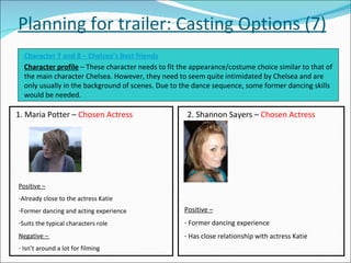 Planning for trailer: Casting Options (7) Character 7 and 8 – Chelsea’s Best friends Character profile  – These character needs to fit the appearance/costume choice similar to that of the main character Chelsea. However, they need to seem quite intimidated by Chelsea and are only usually in the background of scenes. Due to the dance sequence, some former dancing skills would be needed. 1. Maria Potter –  Chosen Actress 2. Shannon Sayers –  Chosen Actress Positive – Already close to the actress Katie Former dancing and acting experience Suits the typical characters role Negative –  Isn’t around a lot for filming Positive – Former dancing experience Has close relationship with actress Katie 