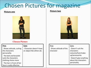 Chosen Pictures for magazine Picture one Chosen Picture Picture two Pros Shows attitude, suiting the characters personality The belt and bracelet suits the characters clothing choice more The hair in front of her face is really effective Cons - Character doesn’t have an object like others do Pros - Shows attitude of the character Cons - Doesn’t suit the characters costume/hair/make-up/accessories - Doesn’t give anything about the characters personality 