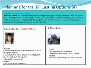 Planning for trailer: Casting Options (4) Character 4- (Girl 3- Goth) - Lauren Character profile:  This character comes across as being the surly type who only sometimes smiles and is often found standing with her two other “Goth” friends. This character has to come across as being quite dominant and the actress must be able to pull off the dark gothic look. Costume consists of dark eye make up, black clothing, with the hair covering most of the characters face. 1. Sam Chandler –  Chosen Actress   Positive - Has the dark features that would be able to pull of the gothic clothing - Quite tall which makes it easier for her to pull off the “Intimidating” characteristic - Can pull the character off Negative - No former acting experience Positive - Has previous acting experience - Look comfortable in the “Gothic” clothes Negative - Doesn’t have stereotypical “Gothic” features 2. Maria Potter 
