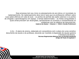 SECRETARIA DA EDUCAÇÃO
Coordenadoria de Gestão da Educação Básica
Esse processo tem seu inicio no planejamento do ano letivo e é revisitado no
replanejamento. No replanejamento deve servir para que os professores reflitam sobre
suas ações efetivas em sala de aula – os pontos de partida das ações (planos) e os pontos
de chegada ( aprendizagens) em espaço e tempo determinados – as metas conquistadas e
quais ainda precisam ser alcançadas, apresentando os sucessos e compartilhando os
problemas com os objetivo de solucioná-los.
Caderno do Gestor – Volume 1 – 2010 ( Versão Preliminar)
§ 2o – O plano de ensino, elaborado em consonância com o plano de curso constitui
documento da escola e do professor, devendo ser mantido à disposição da equipe gestora
e Diretoria de Ensino.
Normas Regimentais Básicas para as Escolas Estaduais
Artigo 30 Titulo II Capitulo V
 