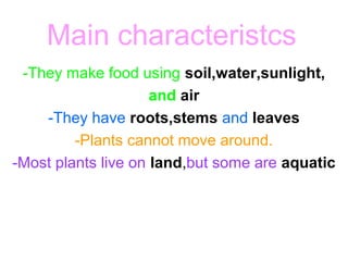 Main characteristcs
-They make food using soil,water,sunlight,
and air
-They have roots,stems and leaves
-Plants cannot move around.
-Most plants live on land,but some are aquatic

 
